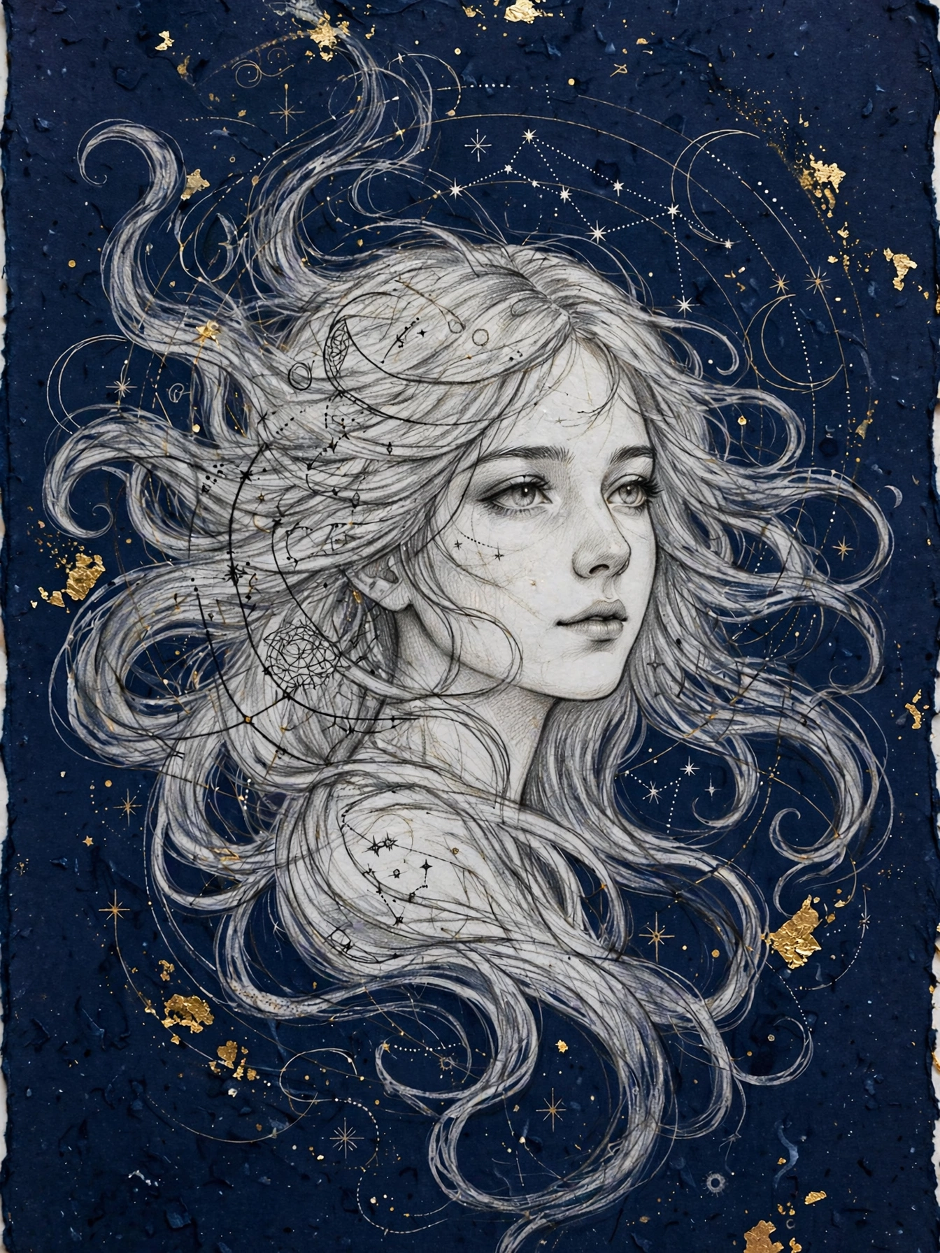 Sample TrueSketch portrait: young woman, pencil sketch on indigo